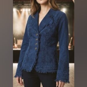 SO BoHo! GIOCAM☮EMBROIDERED Navy Metal Button-Front FRAYED EDGE HEMS Sz M/L